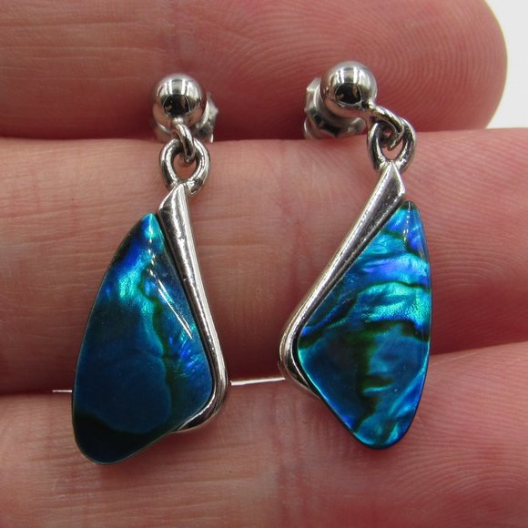 Jewelry - Silver Tone Blue Abalone Shell Earrings Vintage